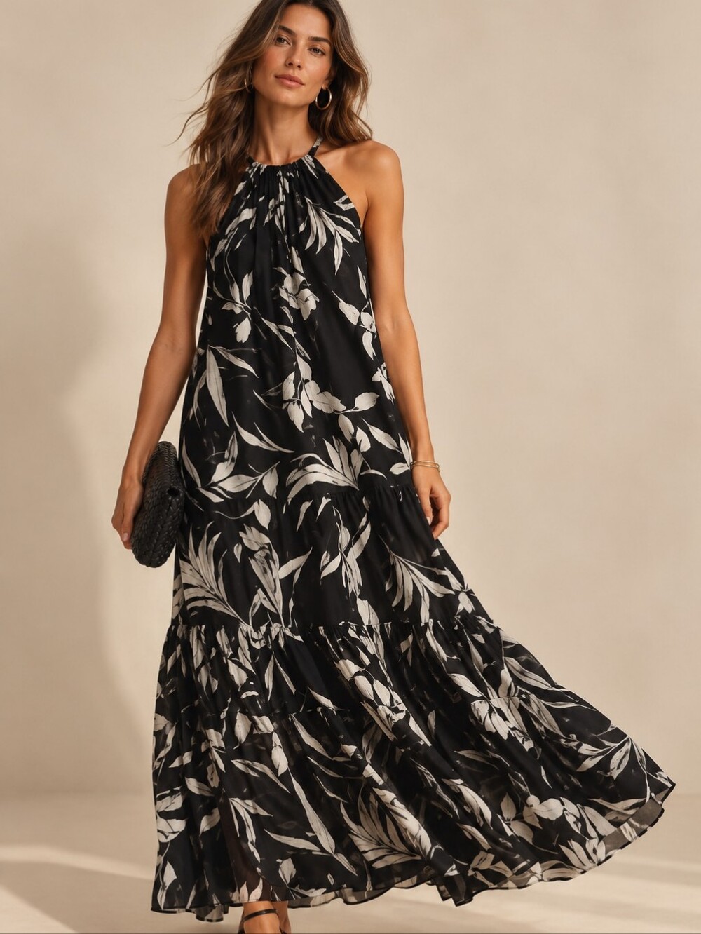 BANANA REPUBLIC Fino Ramie Tropical Print Halter Maxi Dress Ruffle Hem Bow Back